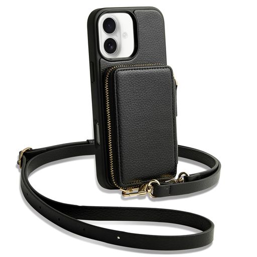 ZVEiPhone16ケース手帳型ショルダーアイフォン16用ケースストラップ付きカード収納ICカード入れ付き6.1インチ(ブラック)