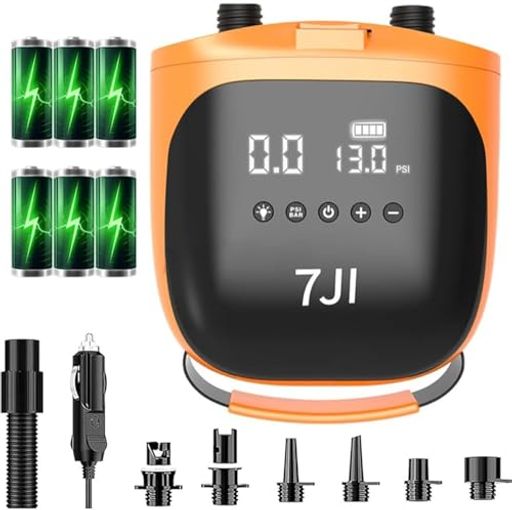 7JIサップ電動ポンプSUP用電動パドルボードポンプ空気入れ&空気抜き両対応カヤック/浮き輪用に最適ワンタッチ操作低騒音小さいか等しい85dB6種類のノズル付き大容量4000mAh電池DC車コネク…
