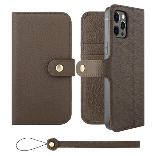 HANATORA for iPhone 12ProMax ケース 手帳型 本革 スマホケース スマホ スタンド ストラップ 付き シュリンクカーフレザー ベルトあり マグネットなし トープ H0XB-12ProMax-Taupe ギフト 誕生日 女性｜京マルシェセレクト
