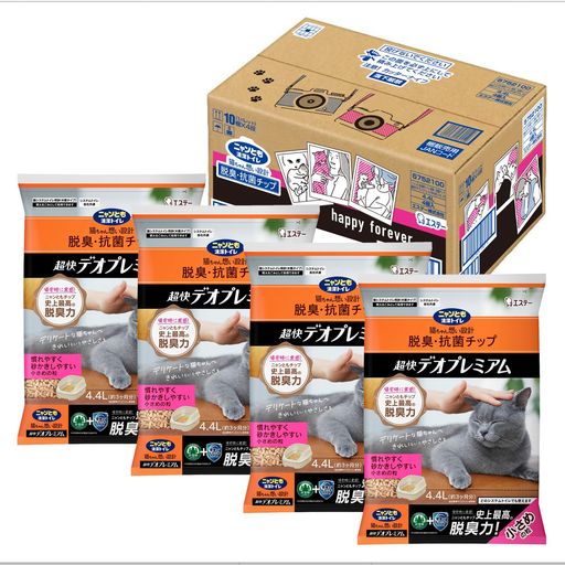 ニャンとも清潔トイレ 猫砂 脱臭・抗菌チップ 超快デオプレミアム 小さめの粒4.4Lx4個|京マルシェセレクト