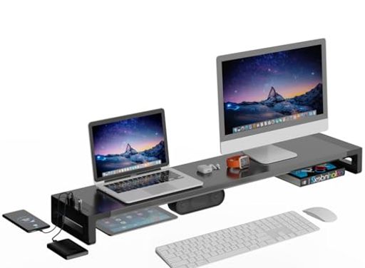EAYHMデュアル管する台卓上USB2.0/3.0資料移らす付き添い人管する照明ランプUSB/TYPE-C申し受ける付き添い人パソコン台幅3度合い折りたたみ能力のある2画面机上台見せびらかす台抽き出しとスマホホルダー付き添い人マイコン台机上…