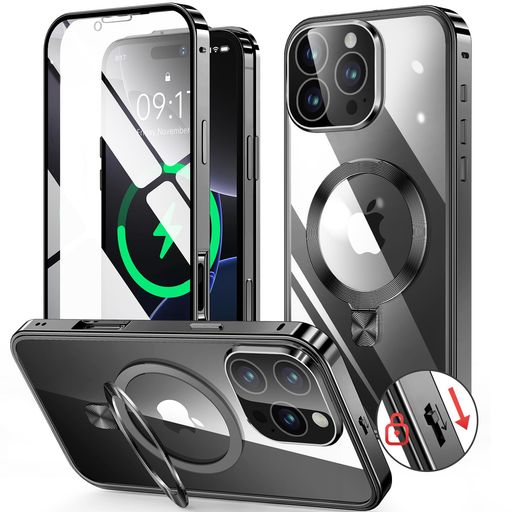 HGUTREY【スタンド機能付き・アクションボタン】iPhone16Pro用ケースクリア【ロック付き】【CDリング・MagSafe対応】9H強化ガラスPC背面一体型レンズ保護アイフォン16プロカバー両面ストラップ…