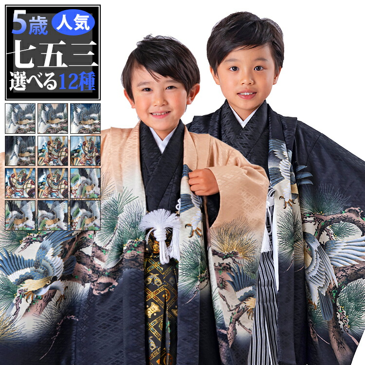 【七五三特集● 選べる12柄】七五三 御召しもの 5歳 羽織袴書き割り お坊っちゃん 10点フルセット 着付けハウツー物付き添い人 絵羽柄 和柄 名著柄 正統派 黒/青/白/紺/水色 HAO0-v