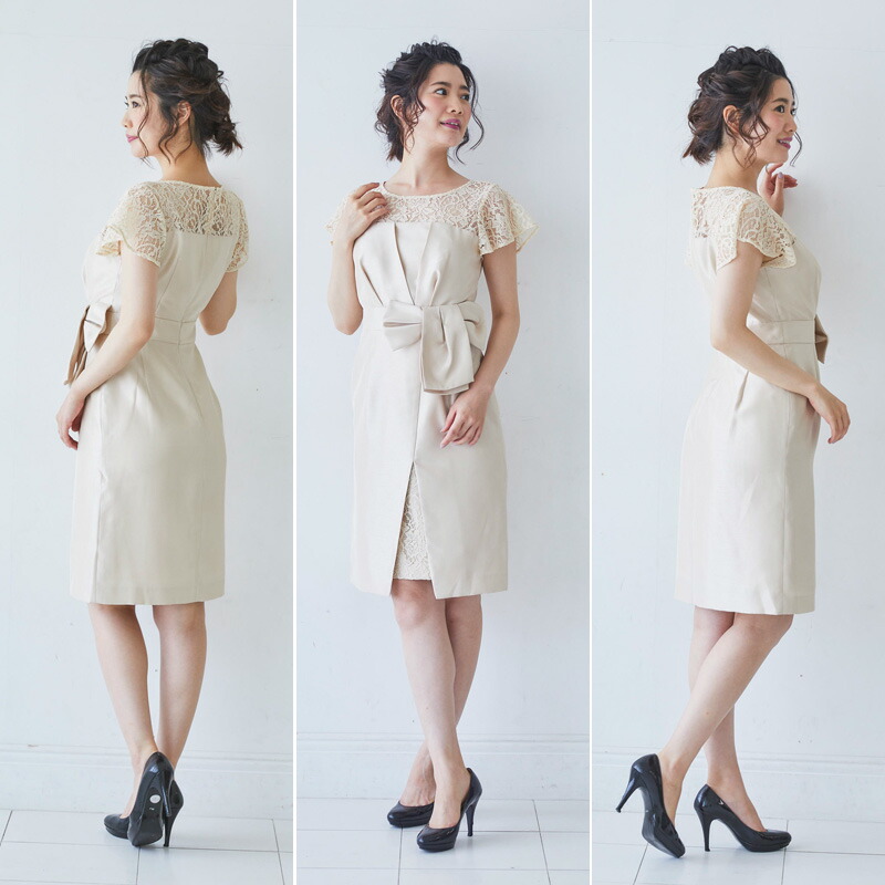 ベージュ 二次会 結婚式 パーティードレス 選べる2サイズ シャンタンレース切替タイトワンピース ワンピース ドレス パーティドレス 大きいサイズあり 大きいサイズ 販売 二次会 花嫁 パーティー パーティードレス ワンピース 成人式 袖あり タイト ミディアム レース M L