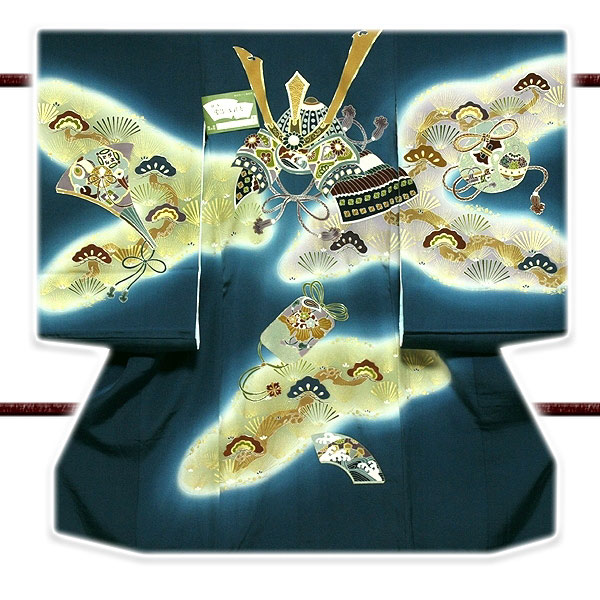 楽天市場】男児袷一つ身セット 紺地に兜 でんちセット 一つ身の着物