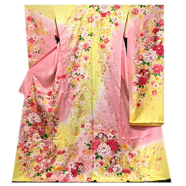 振袖 新品 購入 正絹 淡黄色 刺繍入り 地模様 金彩 蝶々 毬 ぼかし 高級ちりめん 未仕立て 仮絵羽 フォーマル 礼装 着物