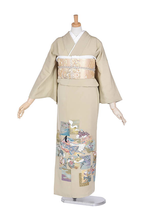 【レンタル】色留袖 結婚式 式典 物語文 緑着物 鶯色 式典 江戸褄 ママ着物 新婦母着物 新郎母着物 フルセット 送料無料 着物セット 足袋プレゼント