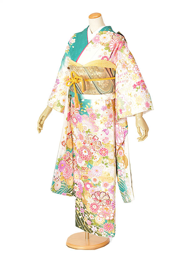 【賃借】振袖賃借 正絹 成年者式 華燭の典 結納 緑 白 およばれ 姉妹華燭の典 お召しもの 晴れ晴れしい振袖 2次会 お祝い 賃借振袖 フルセット 足袋差し上げ物 貨物輸送無料 20歳 振袖 和服-レディースファッション-着物セット