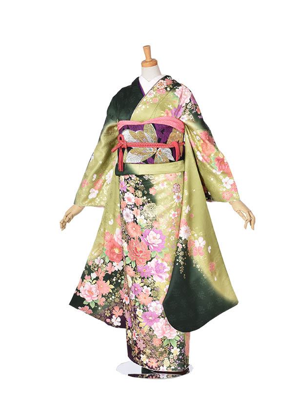 【賃借】振袖 賃借 正絹  成年者式 華燭の典 結納 およばれ 姉妹華燭の典 緑振袖 晴れ晴れしい振袖 2次会 お祝い 賃借振袖 フルセット 足袋差し上げ物 貨物輸送無料 緑 晴れ晴れしい 着物セット-レディースファッション