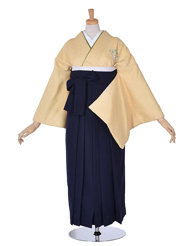 【レンタル】袴 先生 袴レンタル 安心のフルセット 大人っぽく着こなせる 卒業袴 先生袴 袴セット 既婚 黄色 訪問着 濃紺 正絹 153cm～158cm 卒業式 大人袴 女袴 大学 短大 専門学校 小学校 貸衣装 教員 保育士 新品足袋プレゼント 前撮り 晴れ着 お祝い着 素敵な袴 華やか