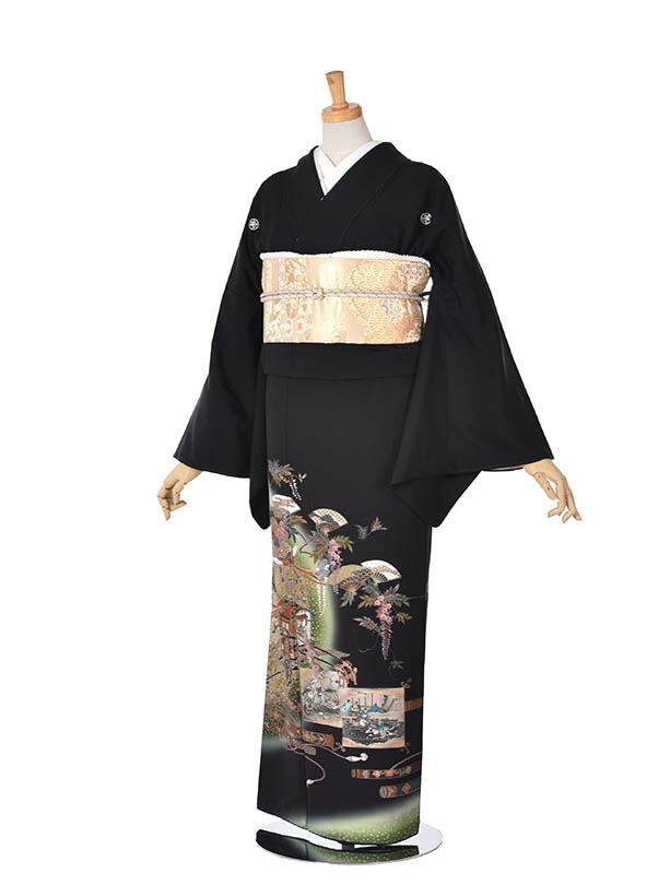 【賃借】黒留袖賃借 留袖 華燭の典 花むこ母 花嫁御寮母 正絹 フルセット賃借 貨物輸送無料 冠婚葬祭 貸御召しもの 御召しもの 着物 華燭の典お祖母ちゃん 親族グループ御召しもの 儀式用 写真絵華燭の典  扇子