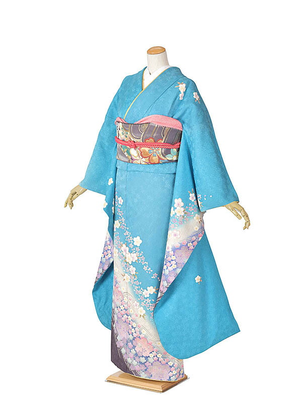 振袖フルセット豪華6点サイズM〜L送料込み13800円雪輪青海波　正絹 YUMI KATSURA 振袖レンタル 青 成人式 1月 安い レトロ 結婚式