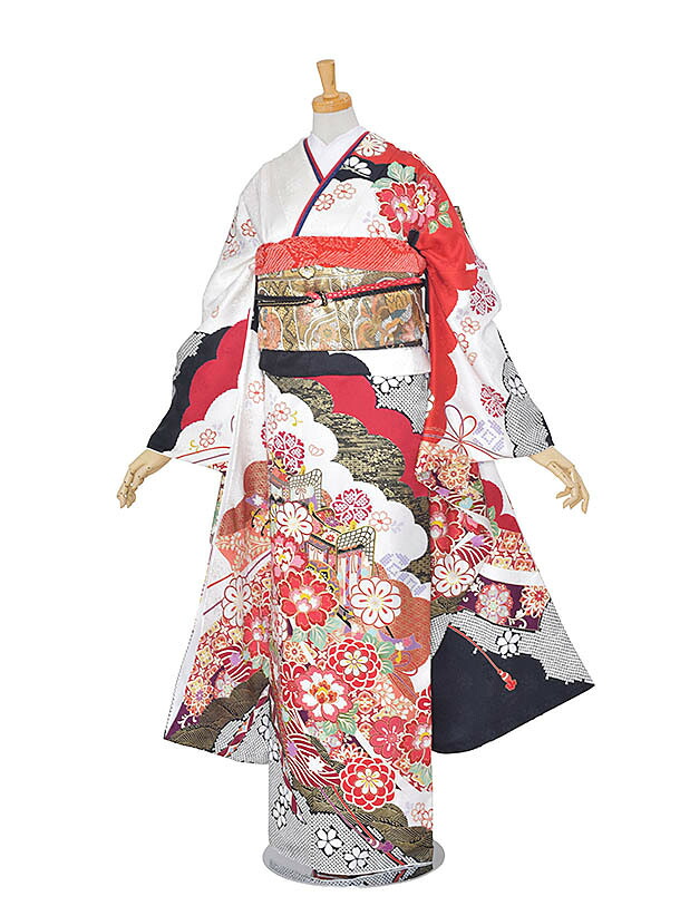 【レンタル】振袖 正絹 成人式 結婚式 結納 およばれ 姉妹結婚式 豪華振袖 2次会振袖 式典 フルセットレンタル 新品足袋プレゼント 往復送料無料 白 雲波 古典 165cm～175cm｜レンタル衣裳京なごみ店