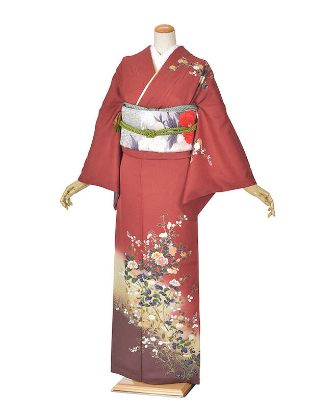 【レンタル】訪問着 レンタル 着物 母 母着物 フルセット 着物 フルセットレンタル 七五三 お宮まり お正月 貸衣装 着物レンタル 附下 結婚式 入学式 卒業式 ?卒園式 式典着物 ママ着物 お茶会 着物セット 往復送料無料 新品足袋プレゼント 150cm~160cm エンジ花刺繍
