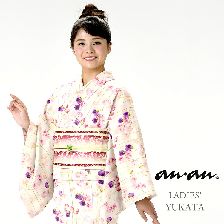 浴衣 レディース anan ゆかた 女性 浴衣 ブランド浴衣 かわいい 大人 可愛い yukata 仕立上がり プレタ 浴衣 フリーサイズ クリーム 花 レトロ しじら織 ly092｜京都スタイル 16,280円