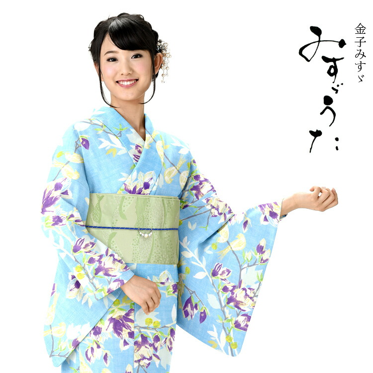 新品 浴衣 レディース みすゞうた ゆかた 女性 浴衣 ブランド浴衣 かわいい 大人 可愛い Yukata 仕立上がり プレタ 浴衣 フリーサイズ クリーム 花 レトロ 水色 Ly110 保障できる Gmsaz Com