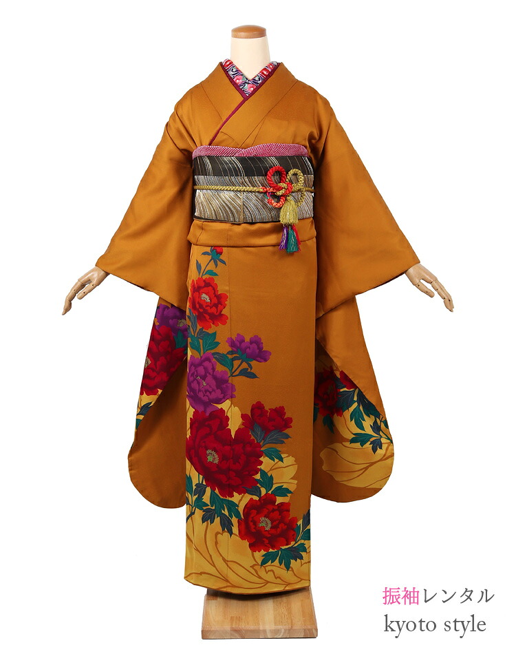 振袖レンタル セット 黄色 からし オレンジ 山吹色 [貸衣装 貸衣裳][成人式 振袖][結婚式 振袖][卒業式 レンタル][結納][レンタル 振袖][着物 レンタル] 振袖 レンタル 成人式 柄少なめ クラシカル おしゃれ レトロ アンティーク調 72192【往復送料無料】【レンタル】｜京都スタイル