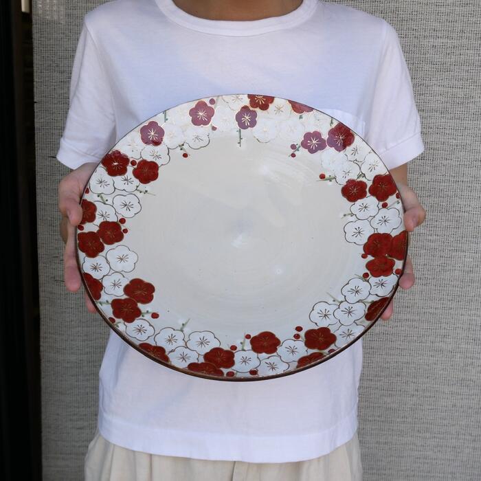 京焼・清水焼　お皿　陶器　絵柄　梅　径30cm　高さ4cm　大皿　和食器
