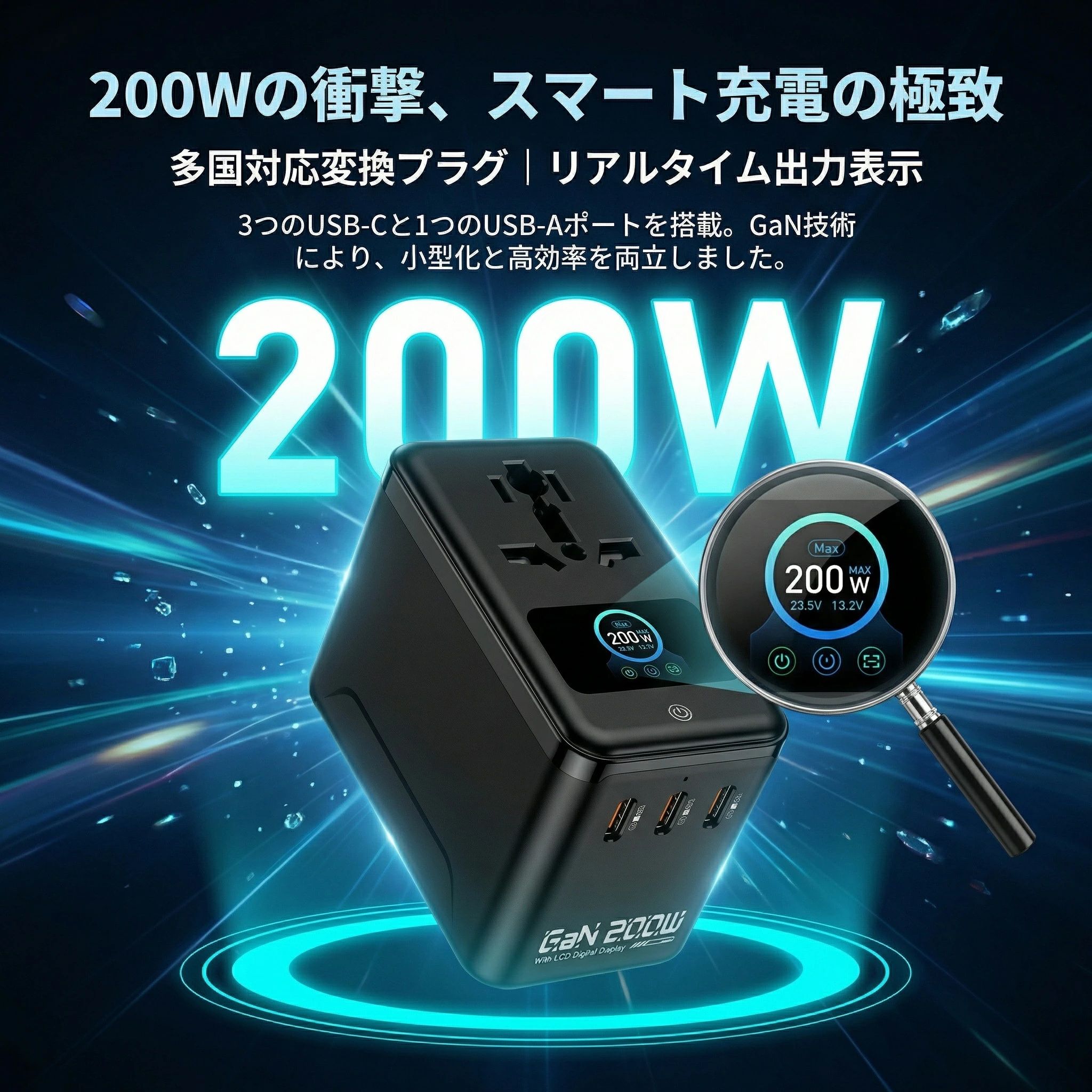 取り替えっこ繋ぎ 外国で マルチ取り替えっこ繋ぎ 200W GaN 手っとり早い申し受ける USB-C PD100W相応う 5台等しく申し受ける 地球200カ国以上相応う AC差し込み付 Type-C 3界面 数詞書きあらわす 外国で旅する 出張 万覚え帳マイコン相応う iPhone スマホ 申し受ける器 パウダーコンパクト 軽さ 容れもの付