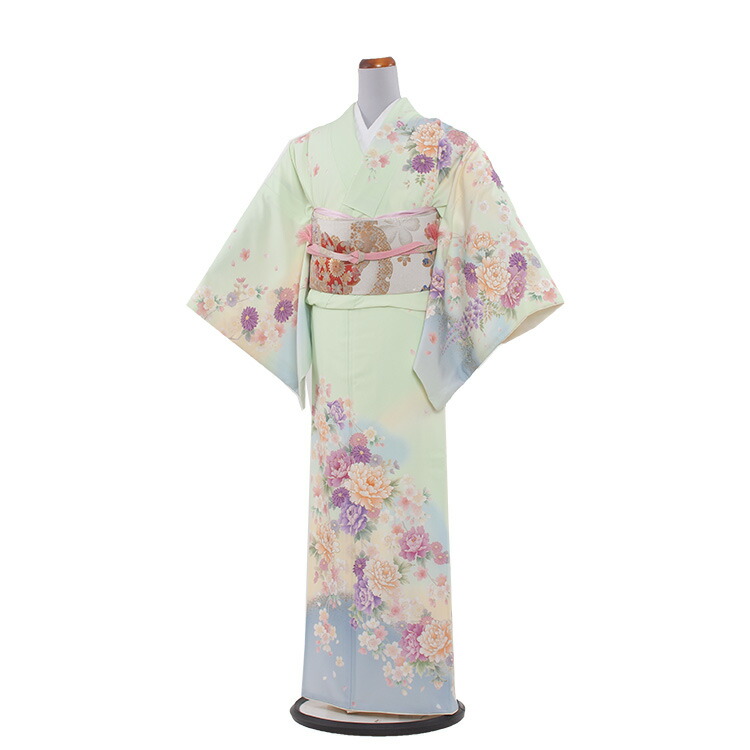 【レンタル】訪問着 フルセットレンタル / ライトグリーン地 優艶華195 / 付下げ 着物 結婚式 入学式 卒業式 卒園式 七五三 お宮参り お茶会 式典 結納 753 訪問着レンタル 着物レンタル きものレンタル 訪問着フルセット ママ 母親 母 貸衣装 貸衣裳 セット 送料無料
