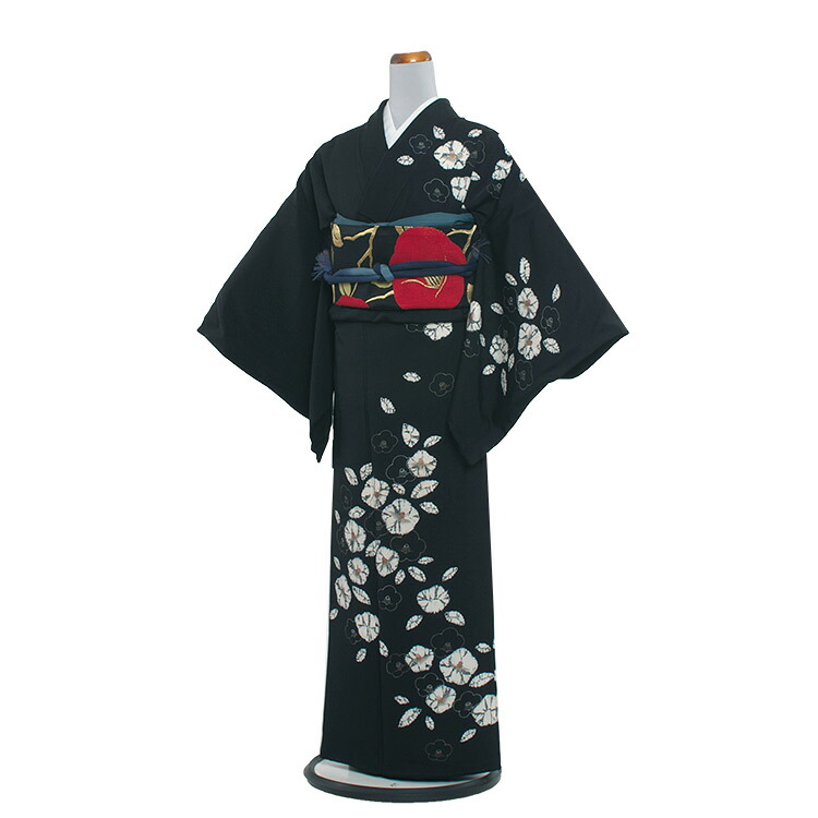 【レンタル】訪問着 フルセットレンタル / 254 黒地/椿 / 付下げ 着物 結婚式 入学式 卒業式 卒園式 七五三 お宮参り お茶会 式典 結納 753 訪問着レンタル 着物レンタル きものレンタル 訪問着フルセット ママ 母親 母 貸衣装 貸衣裳 セット 送料無料｜着物レンタル　京都ちりめんや
