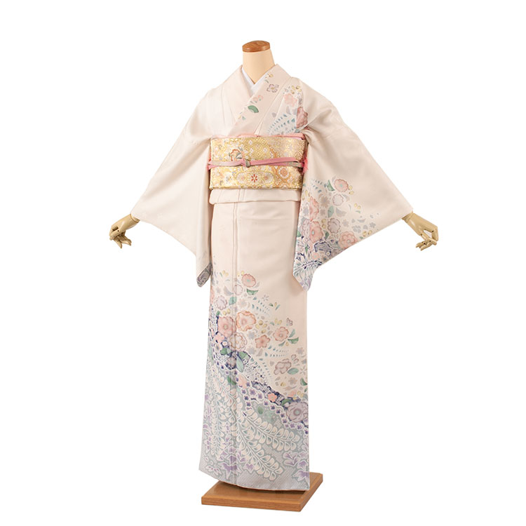 【レンタル】訪問着 フルセットレンタル 575 クリーム 藤の花 おしゃれ 着物 付け下げ お宮参り 七五三 入学式 卒業式 卒園式 結婚式 お茶会 式典 京都 訪問着レンタル 帯 草履バッグセット ママ訪問着 母親 おすすめ 貸衣装 和装 新品足袋プレゼント 往復送料無料