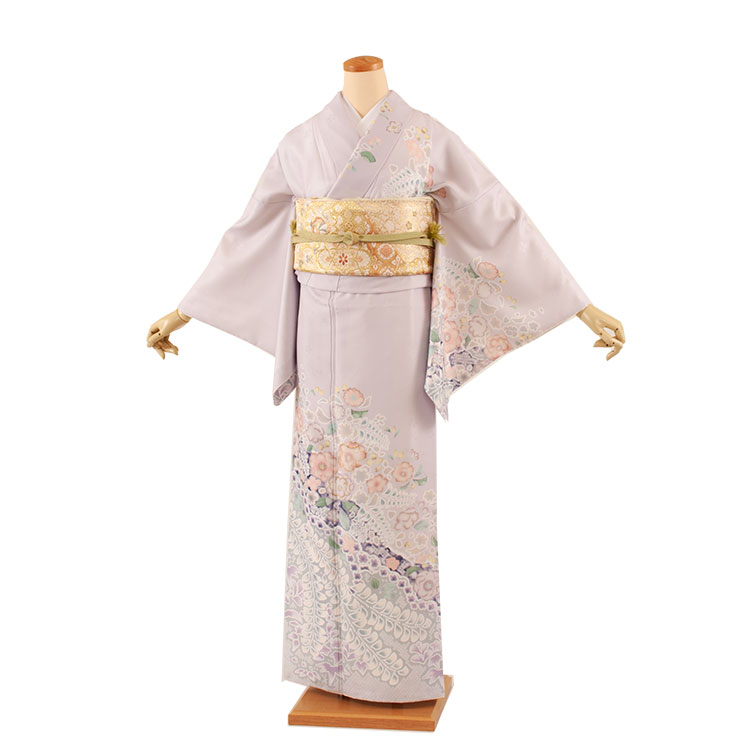 【レンタル】訪問着 フルセットレンタル 576 紫　藤の花 おしゃれ 着物 付け下げ お宮参り 七五三 入学式 卒業式 卒園式 結婚式 お茶会 式典 京都 訪問着レンタル 帯 草履バッグセット ママ訪問着 母親 おすすめ 貸衣装 和装 新品足袋プレゼント 往復送料無料