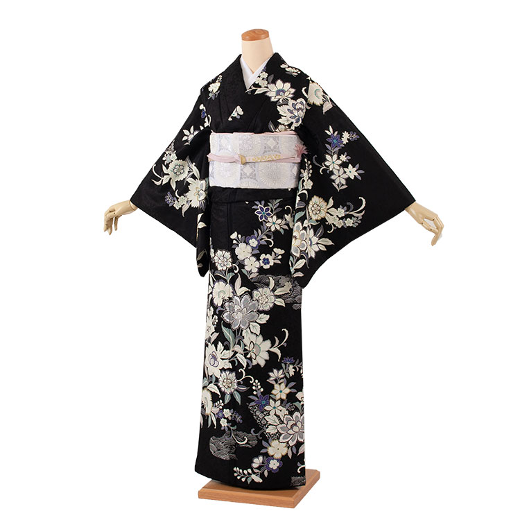 【レンタル】訪問着 フルセット 587 黒 花々 おしゃれ 着物 付け下げ お宮参り 七五三 入学式 卒業式 卒園式 結婚式 お茶会 式典 京都 訪問着レンタル 帯 草履バッグセット ママ訪問着 母親 おすすめ 貸衣装 和装 新品足袋プレゼント 往復送料無料｜着物レンタル　京都ちりめんや