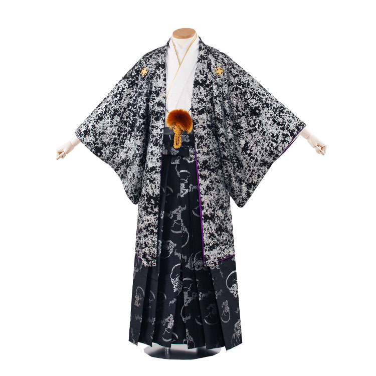 【レンタル】紋付12点フルセット 往復送料無料 新品足袋プレゼント 卒業式 結婚式 成人式 イベント レンタル袴 レンタル衣装 袴セット 羽織袴 紋付袴 袴レンタル 紋付羽織袴 男 袴 男性 セット メンズ 貸衣装 紋付き袴 紋付 羽織 着物 紋服4号 黒シルバー（オリジナル）/4A04｜着物レンタル　京都ちりめんや
