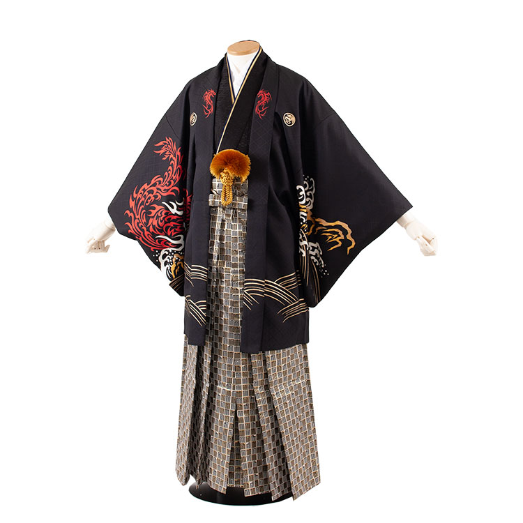 【レンタル】紋付12点フルセット 往復送料無料 新品足袋プレゼント 卒業式 結婚式 成人式 イベント レンタル袴 レンタル衣装 袴セット 羽織袴 紋付袴 袴レンタル 紋付羽織袴 男 袴 男性 セット メンズ 貸衣装 紋付き袴 紋付 羽織 着物 黒地 虎と龍 7B19