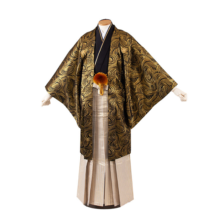 【レンタル】紋付12点フルセット 往復送料無料 新品足袋プレゼント 卒業式 結婚式 成人式 イベント レンタル袴 レンタル衣装 袴セット 羽織袴 紋付袴 袴レンタル 紋付羽織袴 男 袴 男性 セット メンズ 貸衣装 紋付き袴 紋付 羽織 着物 黒金 波 金ストップ袴 7C13
