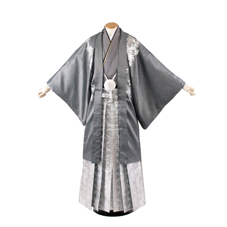 【賃借】紋付12点フルセット 往復貨物輸送無料 新品足袋差し上げ物 卒式 華燭の典 成年者式 出来事賃借袴 賃借御召しもの 袴書き割り 羽織袴 紋付袴 袴賃借 紋付羽織袴 男 袴 成人男性 メンズ 貸御召しもの 紋付き袴 紋付 羽織 御召しもの 5C32 薄墨色 銀彩 桜 七宝袴