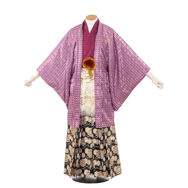 【レンタル】紋付12点フルセット 往復送料無料 新品足袋プレゼント 卒業式 結婚式 成人式 イベント レンタル袴 レンタル衣装 袴セット 羽織袴 紋付袴 袴レンタル 紋付羽織袴 男 袴 男性 セット メンズ 貸衣装 紋付き袴 紋付 羽織 着物 ピンクパープル 格子3AF5X03