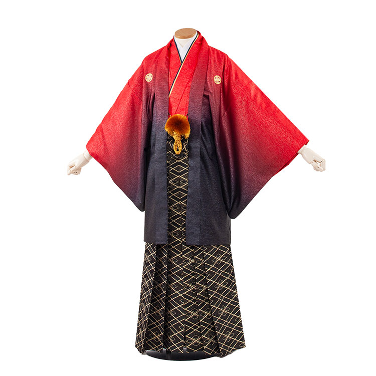【レンタル】紋付12点フルセット 往復送料無料 新品足袋プレゼント 卒業式 結婚式 成人式 イベント レンタル袴 レンタル衣装 袴セット 羽織袴 紋付袴 袴レンタル 紋付羽織袴 男 袴 男性 セット メンズ 貸衣装 紋付き袴 赤紋付 オシャレ袴 3AF6R14 赤黒グラデーション　菱柄袴