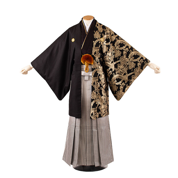 【レンタル】紋付12点フルセット 往復送料無料 新品足袋プレゼント 卒業式 結婚式 成人式 イベントレンタル袴 レンタル衣装 袴セット 羽織袴 紋付袴 袴レンタル 紋付羽織袴 男 袴 男性 メンズ 貸衣装 紋付き袴 紋付 羽織 着物 6X54 黒地 アンティーク柄 グラデーション袴