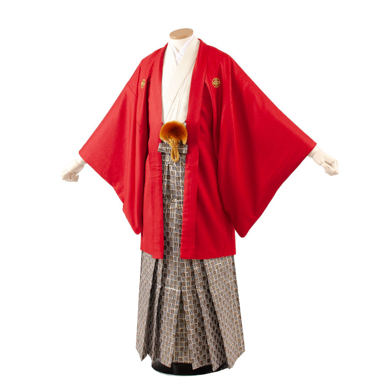 【レンタル】紋付12点フルセット 往復送料無料 新品足袋プレゼント 卒業式 結婚式 成人式 イベント レンタル袴 レンタル衣装 袴セット 羽織袴 紋付袴 袴レンタル 紋付羽織袴 男 袴 男性 セット メンズ 貸衣装 紋付き袴 紋付 羽織 着物 赤 ラメ 7R15｜着物レンタル　京都ちりめんや