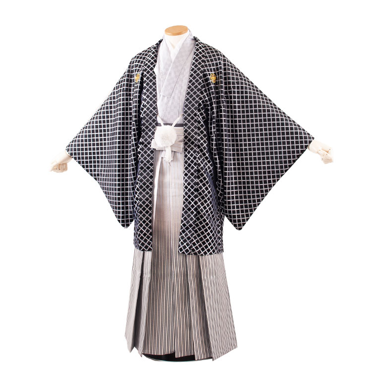 【レンタル】紋付12点フルセット 往復送料無料 新品足袋プレゼント 卒業式 結婚式 成人式 イベント レンタル袴 レンタル衣装 袴セット 羽織袴 紋付袴 袴レンタル 紋付羽織袴 男 袴 男性 セット メンズ 貸衣装 紋付き袴 紋付 羽織 着物 黒地　シルバー格子 8X01