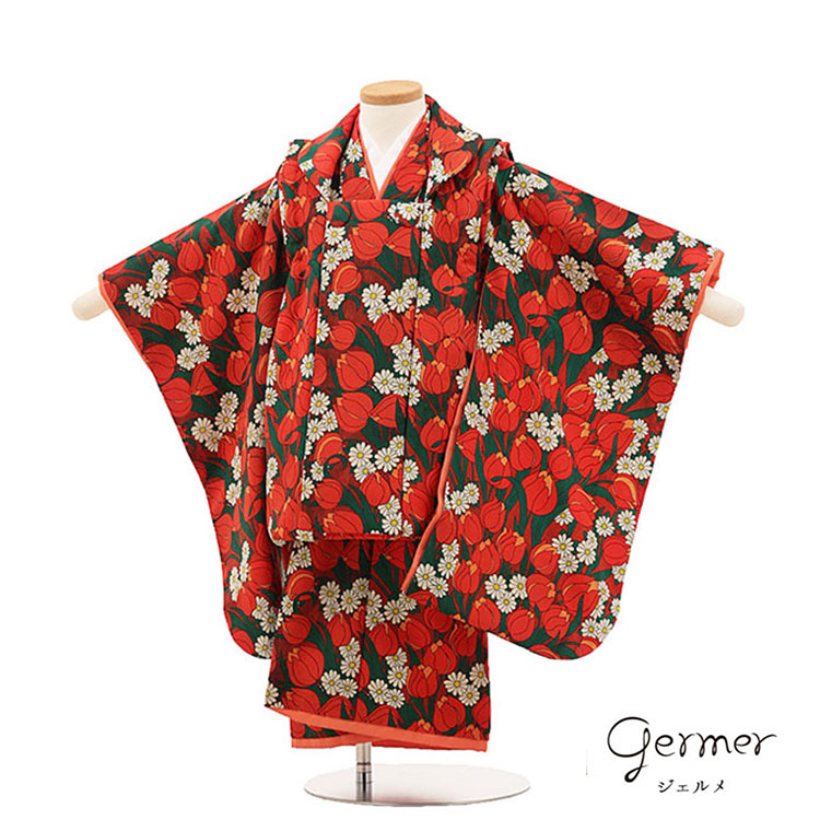 ◎509ag7◎七五三 三歳 女の子 アンティーク着物&被布 レトロ 濃朱色