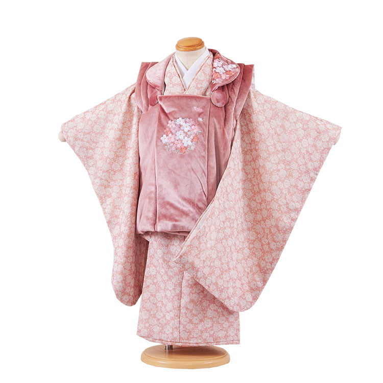 【レンタル】七五三（3歳女児被布）3607 ピンク ベルベット 桜刺繍 女の子 被布レンタル 人気 おしゃれ 可愛い 3歳女の子 被布フルセット 3才 数え年 ひな祭り 女児 子供 七五三レンタル かわいい 高級 京都 貸衣装 新品足袋プレゼント 往復送料無料