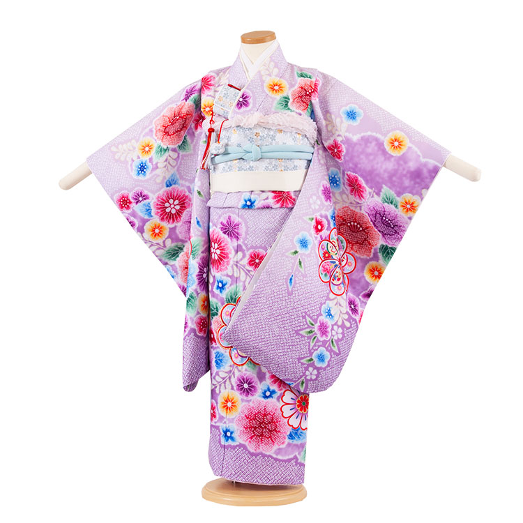 【レンタル】七五三 5歳（小さめ7歳）女の子 着物 レンタル 5032 紫 ねじり梅 しぼり調 子供 数え年 おしゃれ 可愛い 人気 和装 結び帯 七五三レンタル 着物レンタル フルセット 帯 貸衣装 6歳 7歳 かわいい レトロ モダン 京都 新品足袋プレゼント 往復送料無料