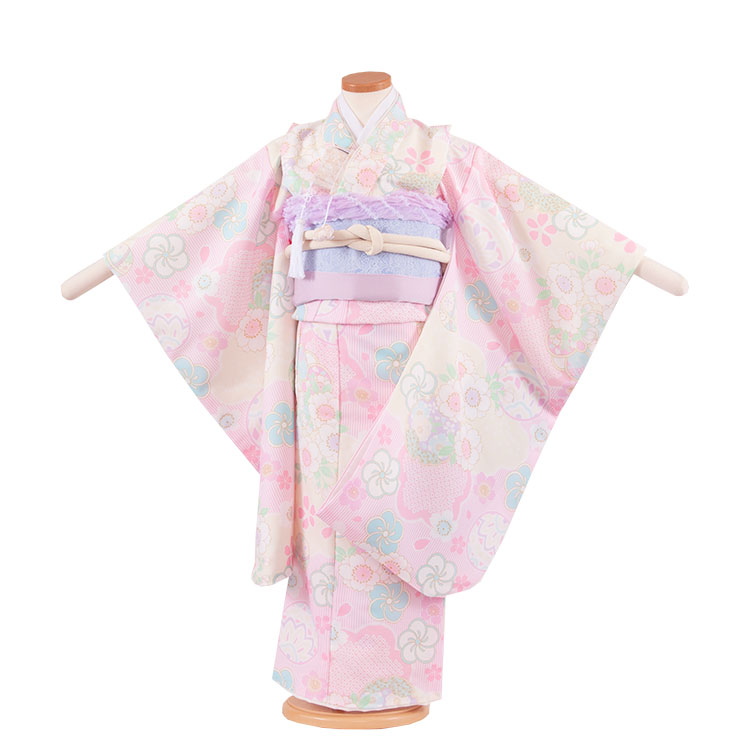 【レンタル】七五三 5歳（小さめ7歳）女の子 着物 レンタル 5033 ピンク ねじり梅 鞠と桜 子供 数え年 おしゃれ 可愛い 人気 和装 結び帯 七五三レンタル 着物レンタル フルセット 帯 貸衣装 6歳 7歳 かわいい レトロ モダン 京都 新品足袋プレゼント 往復送料無料