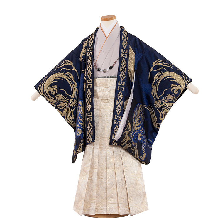 【レンタル】【かんたん着付け袴】群青色 トラと龍 おりびと かんたん袴 七五三 着物 5歳 男の子 フルセット 羽織袴 はかま 着物レンタル 子供着物 5歳男の子 七五三レンタル 753 羽織 袴 結婚式 発表会 卒園式 新品足袋プレゼント ★往復送料無料★