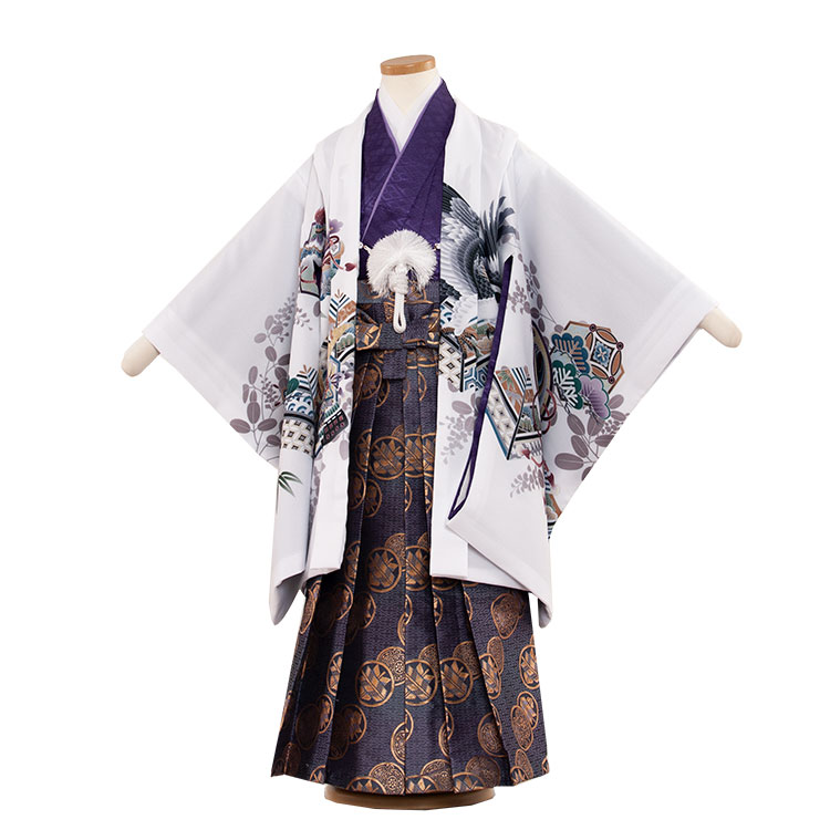 【レンタル】【かんたん着付け袴】5464 白×鷹 藤の花 七五三 着物 男の子 五歳 （男児5歳用）羽織袴 5歳 セット 袴 男の子 男の子 フルセット レンタル 簡単着付け 5歳男の子 はかま 男児 袴セット おしゃれ 和装 貸衣装 新品足袋プレゼント ★往復送料無料★
