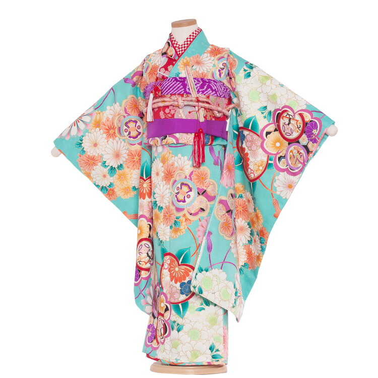 【レンタル】七五三 着物 7歳 フルセット 帯 7228　水色/モダン/ 七五三 着物 7歳 七五三 レンタル 七五三 着物 7歳 7歳女の子 着物レンタル 7歳女児 七五三セット 子供着物 レンタル七五三 七五三レンタル 女の子7歳 レンタル七五三 ★往復送料無料★
