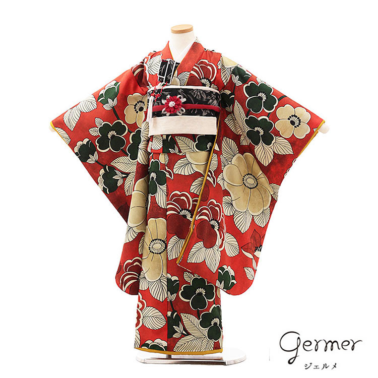 【レンタル】七五三レンタル(女児結び帯)7272 【germer】赤色大きな花 おしゃれ 可愛い 人気 結び帯 七五三レンタル 着物レンタル フルセット 帯 フルセットレンタル 6歳 7歳女の子 数え年 子供 高級 かわいい 京都 和装 新品足袋プレゼント 往復送料無料|着物レンタル 京都ちりめんや