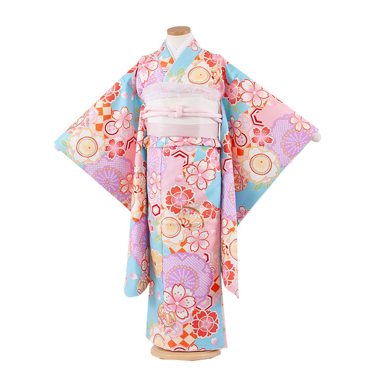 【レンタル】七五三レンタル（女児結び帯）7295 水色 桜 おしゃれ 可愛い 人気 結び帯 七五三レンタル 着物レンタル フルセット 帯 フルセットレンタル 6歳 7歳女の子 数え年 子供 高級 かわいい 京都 和装 新品足袋プレゼント 往復送料無料