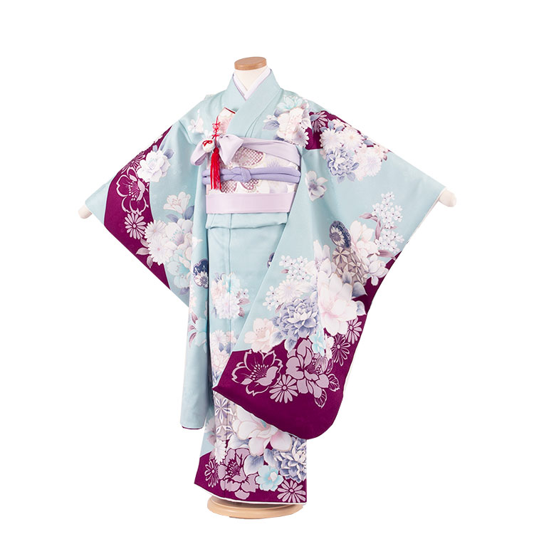 【賃借】七五三賃借（7歳御嬢さん挙げ句の果て帯） 7311 水色×紫 胸花 今めかしい 好いたらしい 一般受け  挙げ句の果て帯 七五三賃借 御召しもの賃借 フルセット 帯 フルセット賃借 6歳 7歳うしろ帯 数え年 赤ちゃん 飛び切り 可愛らしい  京都 和装 新品足袋差し上げ物 往復貨物輸送無料