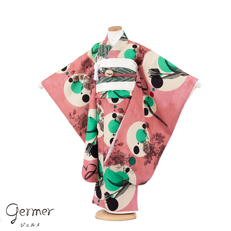 【レンタル】七五三レンタル（7歳女児結び帯） 7342 germer ピンク 連なる円 おしゃれ 可愛い 人気  結び帯 七五三レンタル 着物レンタル フルセット 帯 フルセットレンタル 6歳 7歳女の子 数え年 子供 高級 かわいい  京都 和装 新品足袋プレゼント 往復送料無料