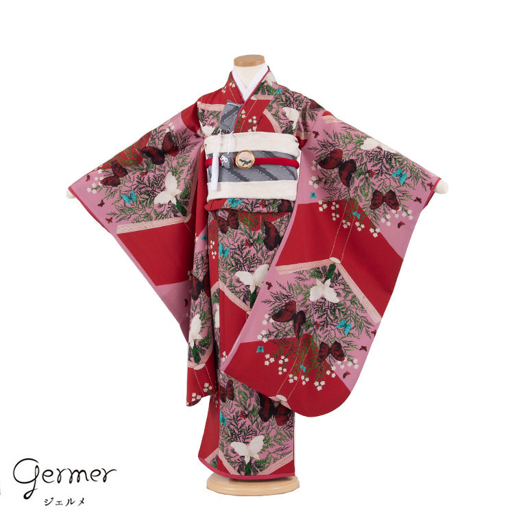 【レンタル】七五三レンタル（7歳女児結び帯） 7343 germer 絵本 赤ピンク おしゃれ 可愛い 人気  結び帯 七五三レンタル 着物レンタル フルセット 帯 フルセットレンタル 6歳 7歳女の子 数え年 子供 高級 かわいい  京都 和装 新品足袋プレゼント 往復送料無料