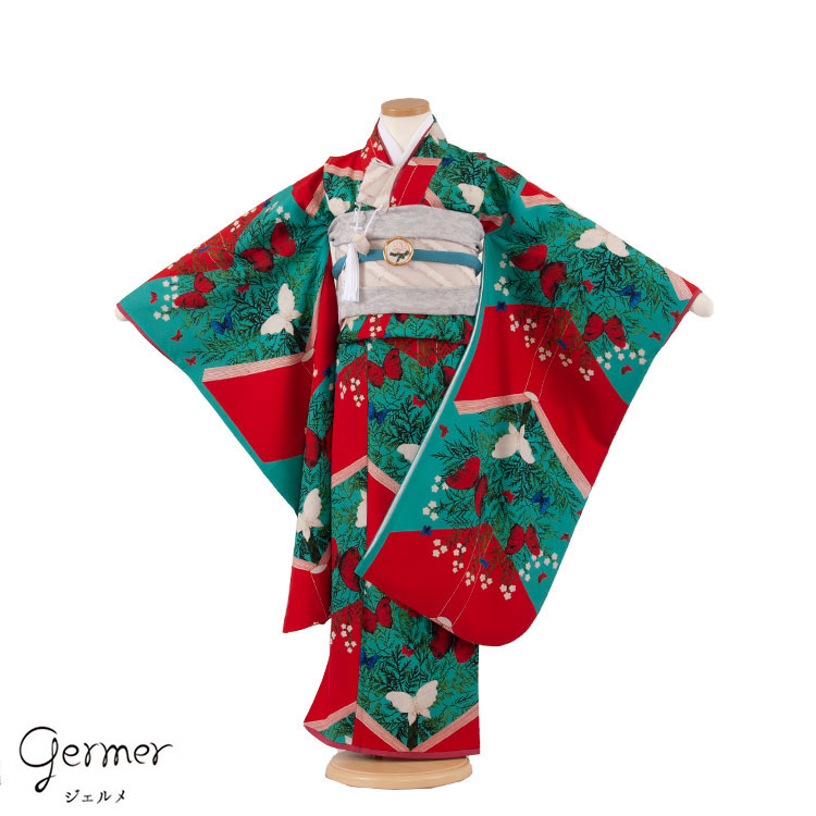 【レンタル】七五三レンタル（7歳女児結び帯） 7344 germer 絵本 赤緑 おしゃれ 可愛い 人気  結び帯 七五三レンタル 着物レンタル フルセット 帯 フルセットレンタル 6歳 7歳女の子 数え年 子供 高級 かわいい  京都 和装 新品足袋プレゼント 往復送料無料